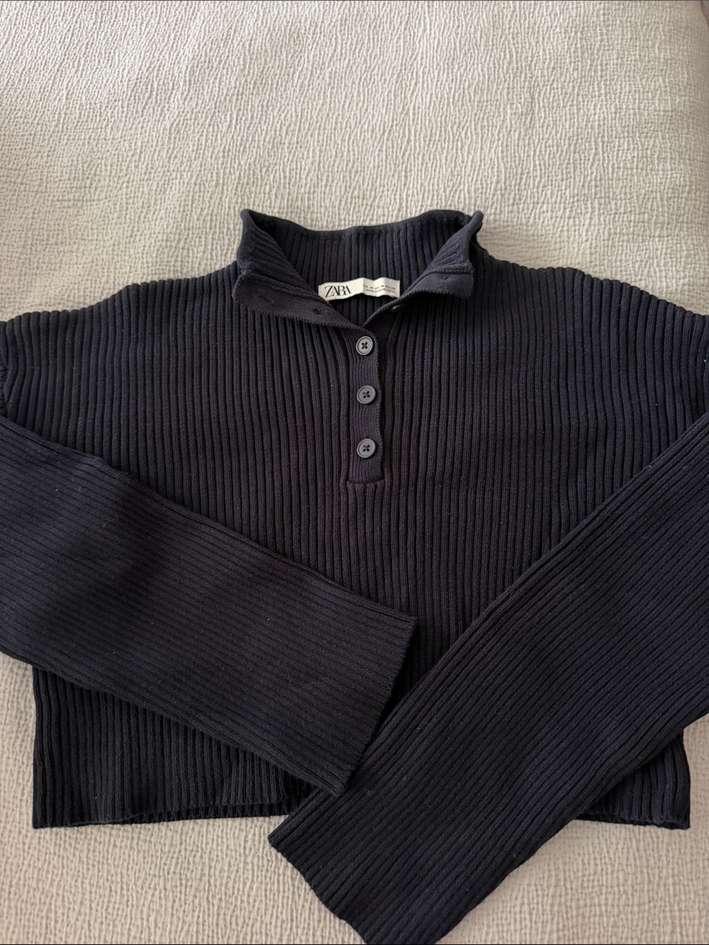 Zara Navy Ribbed Button-Front Cropped Pullover - Picture 5 of 5